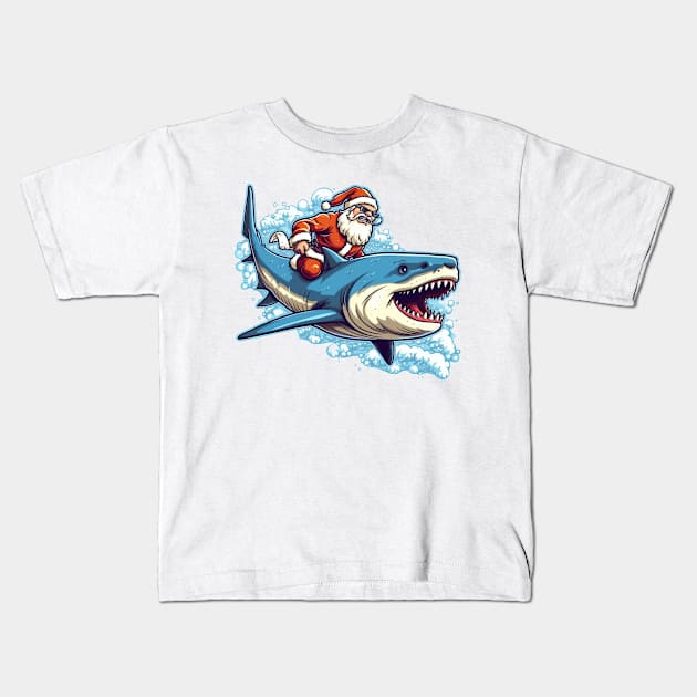 Santa Claus riding a shark Kids T-Shirt by RosaliArt